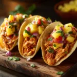 An extreme close-up of a pineapple chicken taco, showing the texture of the seasoned chicken and the fresh, juicy pineapple salsa.