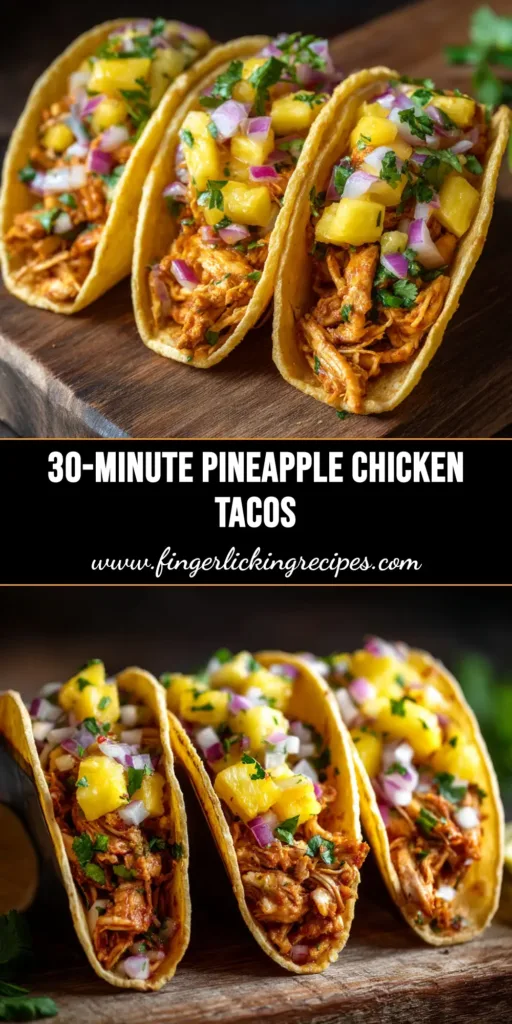 A vibrant platter of three pineapple chicken tacos, topped with fresh pineapple salsa, cilantro, and jalapeños, ready to be served.