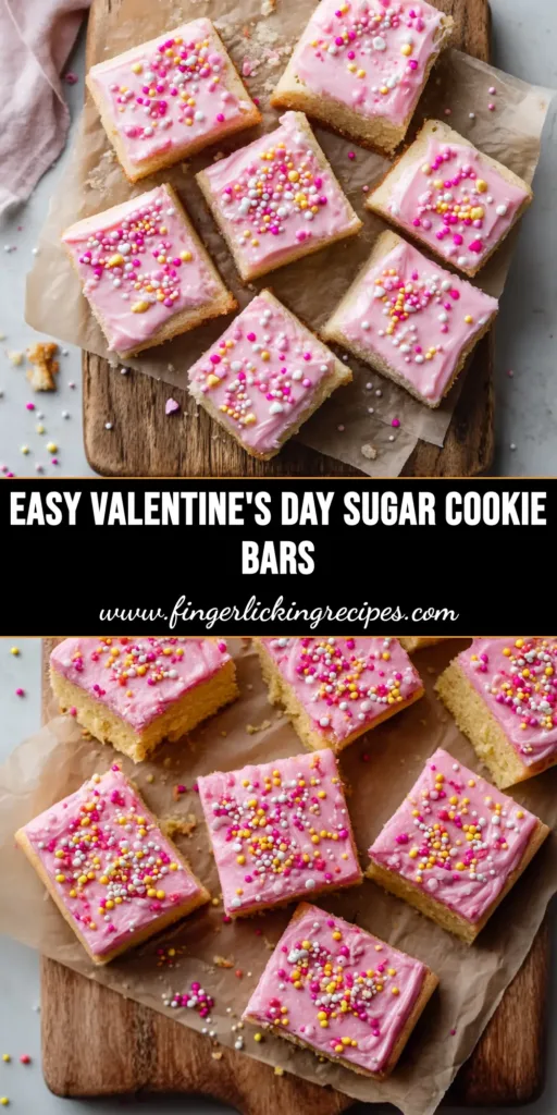 A pan of perfectly cut Pink Sugar Cookie Bars with thick pink frosting and colorful sprinkles, ready to be served. A hand is taking one bar from the pan.