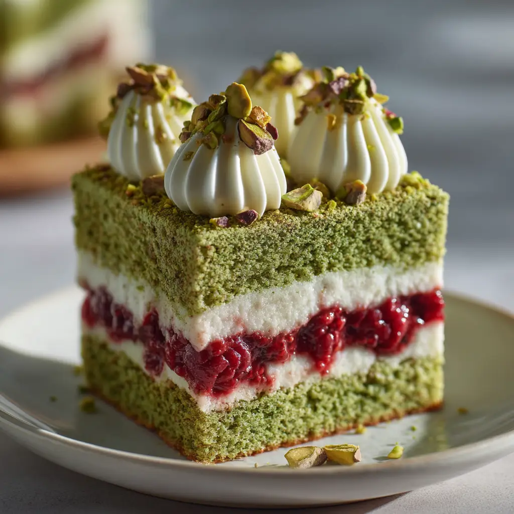 An extreme close-up of the pistachio cake crumb, showing the moist and tender texture flecked with real ground pistachios.