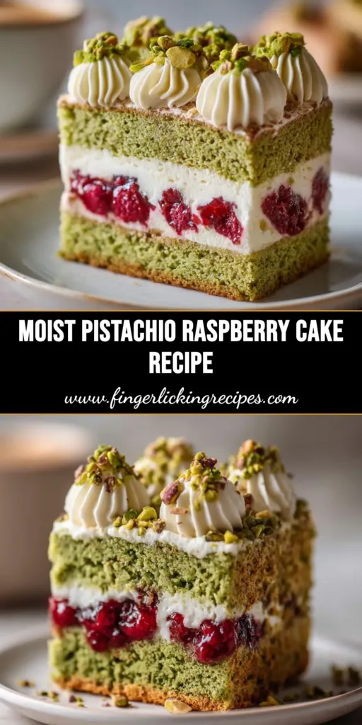 A beautiful slice of Pistachio Raspberry Cake on a white plate, showing layers of green pistachio sponge, red raspberry filling, and white buttercream frosting.