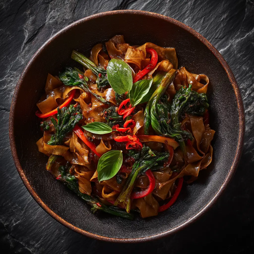 A plated serving of homemade Thai Drunken Noodles, garnished with fresh holy basil leaves and a lime wedge on the side.