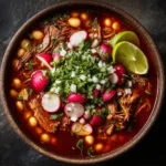 A rustic stoneware bowl filled with pork and hominy stew, an essential part of this Pozole Rojo recipe.