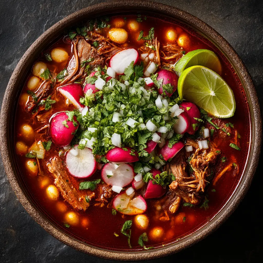 A rustic stoneware bowl filled with pork and hominy stew, an essential part of this Pozole Rojo recipe.