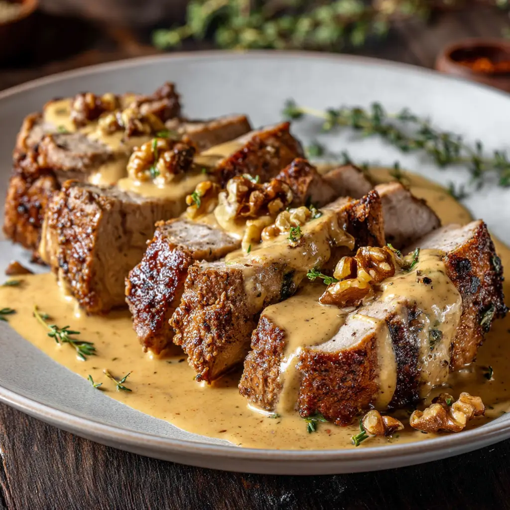 A skillet with pork tenderloin medallions being coated in a rich and creamy Dijon sauce, garnished with fresh parsley.