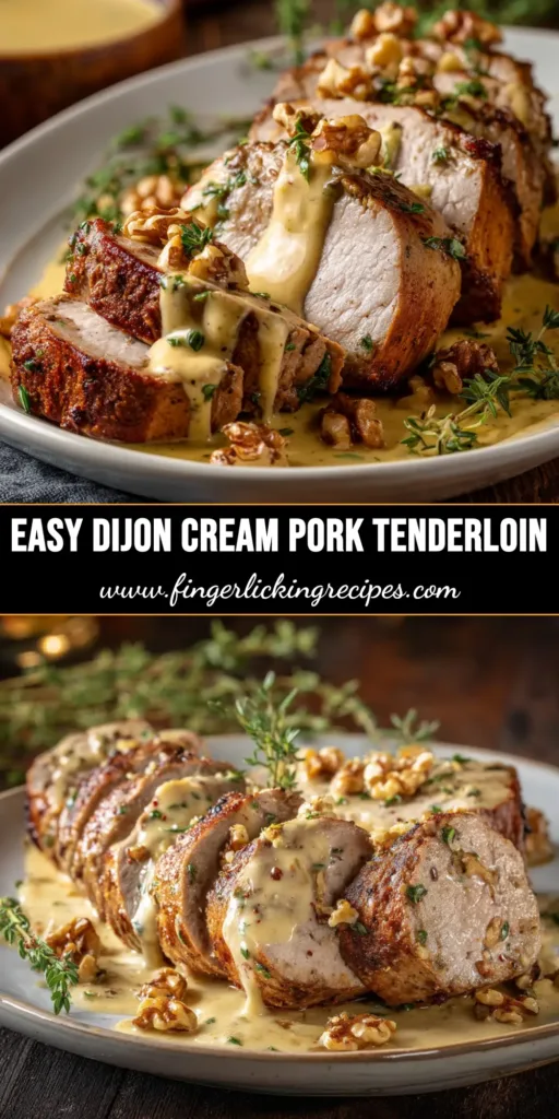 An overhead shot of sliced Pork Tenderloin with Dijon Cream Sauce arranged beautifully on a plate, ready to be pinned.