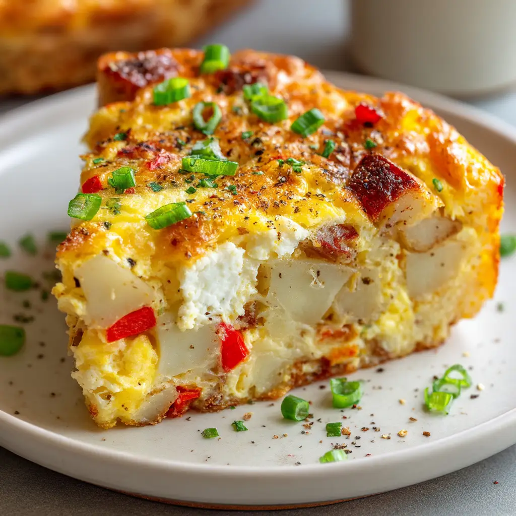 A close-up view of the ingredients for the potato breakfast casserole, including diced potatoes, eggs, sausage, and shredded cheese, before baking.