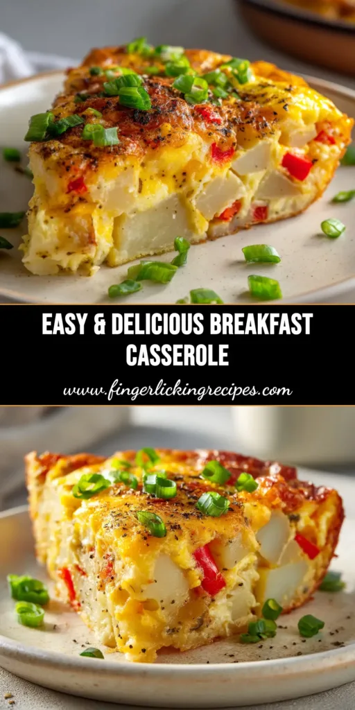 A delicious slice of potato breakfast casserole on a white plate, showcasing layers of egg, cheese, sausage, and potatoes. Perfect make-ahead recipe for brunch.