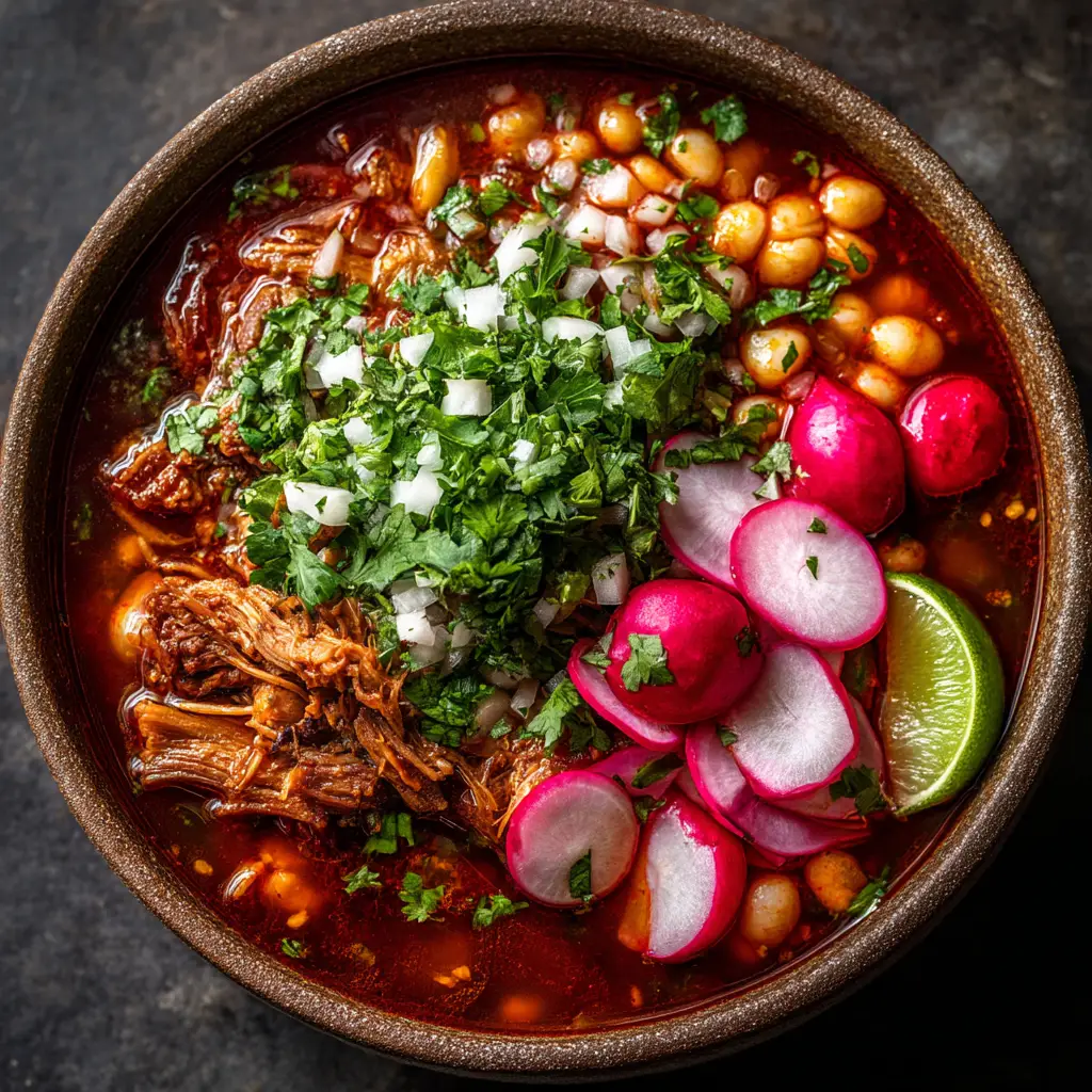 A close-up view of a spoon lifting a bite of Pozole Rojo, showing the rich red broth and shredded pork.