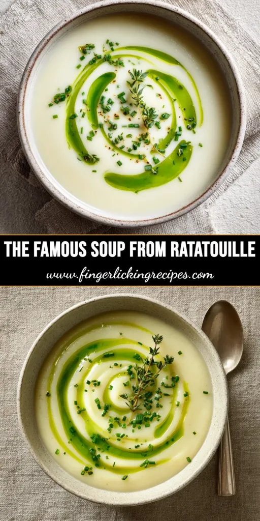 A vibrant bowl of Ratatouille Soup, garnished with fresh basil. The thick, rustic soup is filled with colorful vegetables like eggplant, zucchini, and peppers, ready to be shared on Pinterest.