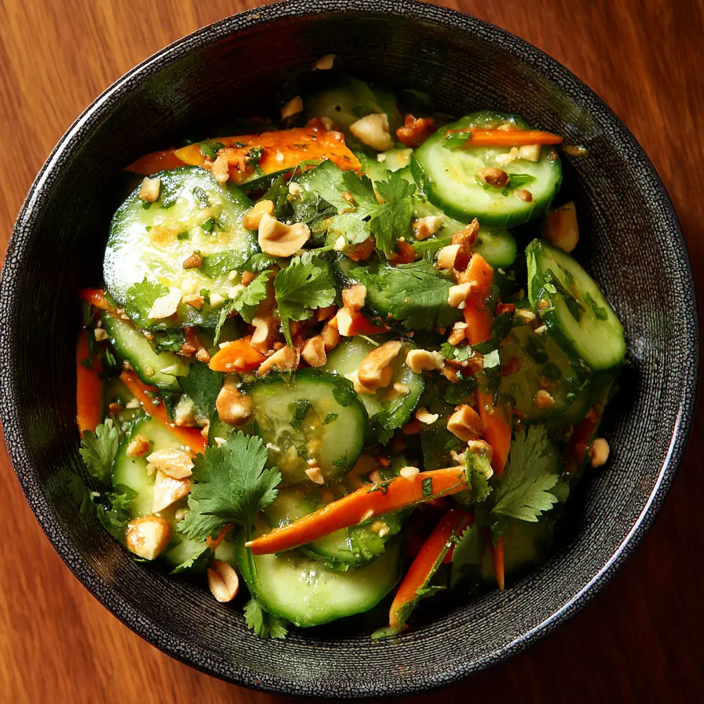 A close-up of a refreshing Thai cucumber salad in a dark, textured bowl, highlighting the thinly sliced cucumbers and red onions.