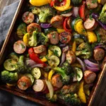 A close-up view of the roasted vegetables and chicken sausage in the sheet pan dinner, showing the caramelized edges and vibrant colors of the ingredients.