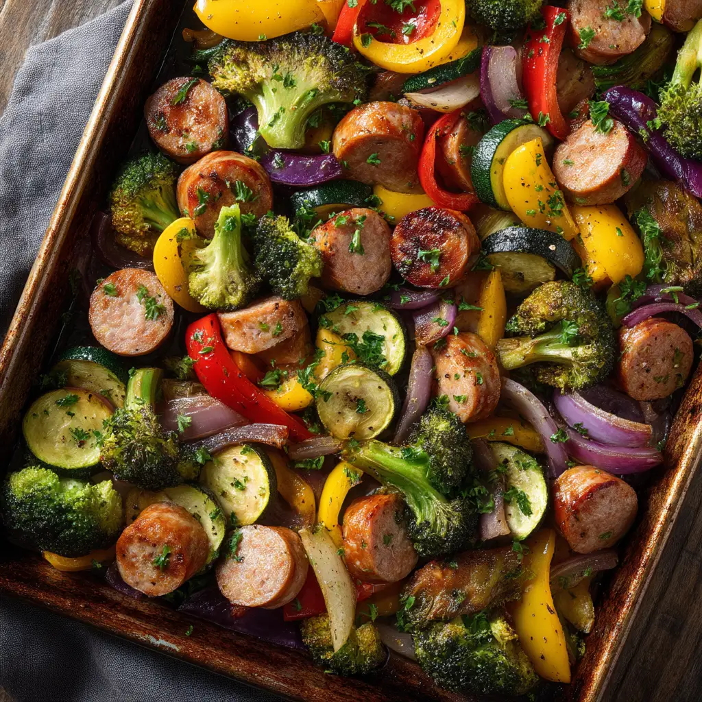 A close-up view of the roasted vegetables and chicken sausage in the sheet pan dinner, showing the caramelized edges and vibrant colors of the ingredients.