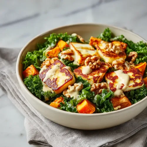 Sweet Potato Halloumi Bowl with Creamy Tahini Dressing