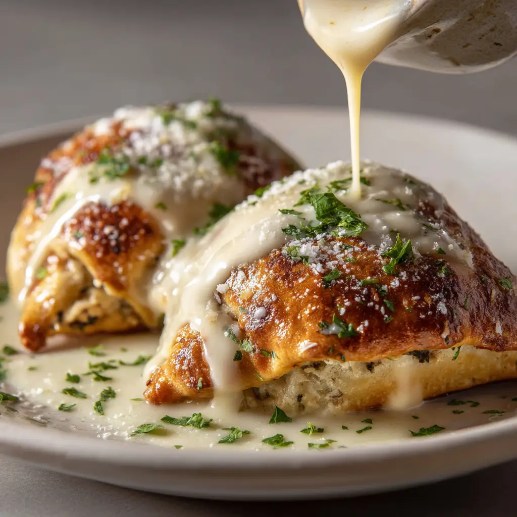 A savory cream cheese chicken bundle ready to be served, highlighting the texture of the baked crescent roll.