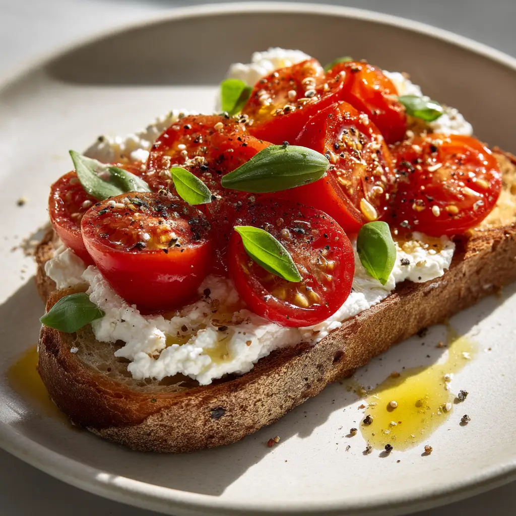 An extreme close-up of a single slice of savory cottage cheese toast, topped with fresh cherry tomatoes, basil, and a drizzle of balsamic glaze on rustic bread.