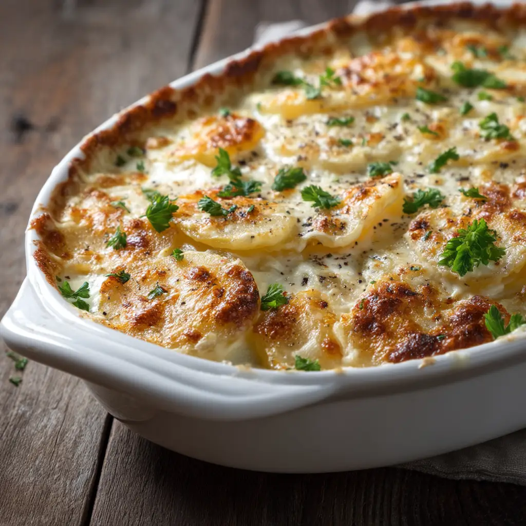 A spatula lifting a serving of cheesy scalloped potatoes from a baking dish, with the creamy sauce dripping from the layers.