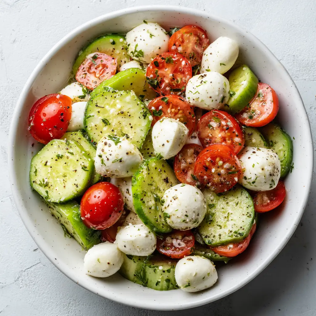 A serving of the finished cucumber and mozzarella salad on a plate, showcasing its vibrant colors and refreshing texture.