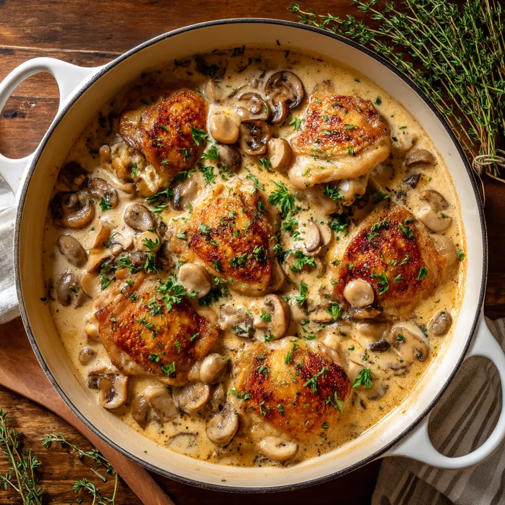 A close-up serving of slow cooker chicken and mushroom recipe on a plate with mashed potatoes.