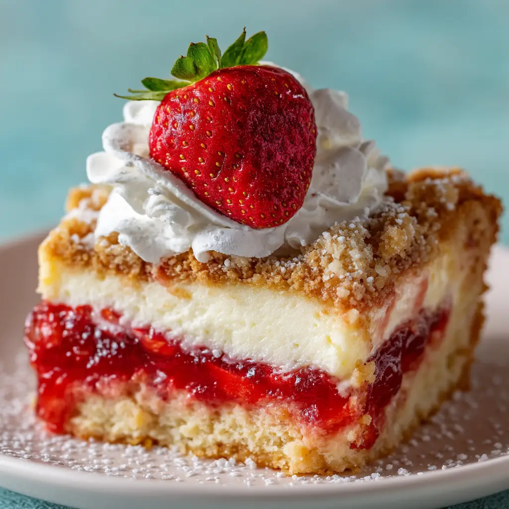 A scoop of strawberry cheesecake dump cake being lifted from the baking dish with a serving spoon, showcasing its gooey texture.