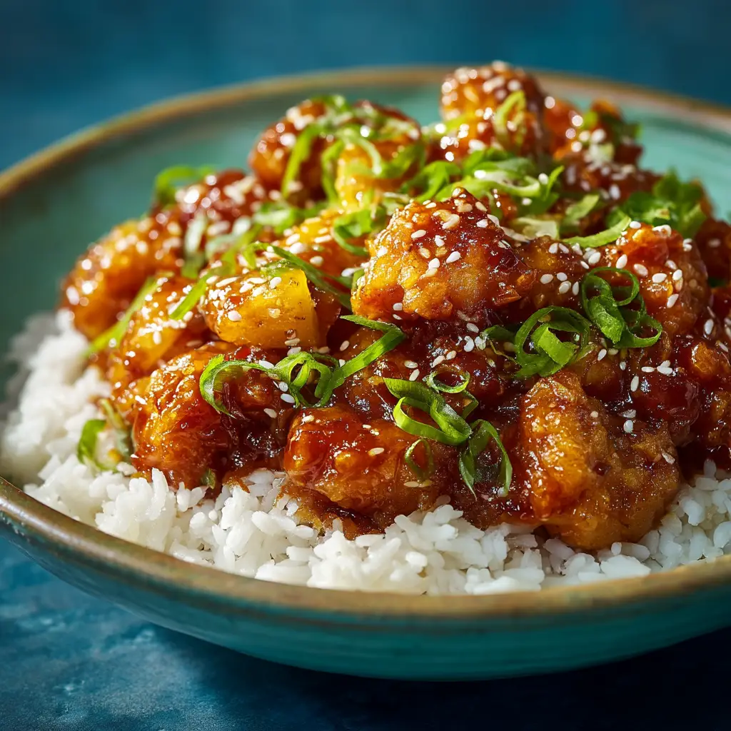 A close-up shot of shredded crockpot pineapple chicken in a slow cooker. The rich, brown sugar and soy sauce glaze coats every piece of tender chicken, with chunks of pineapple visible.