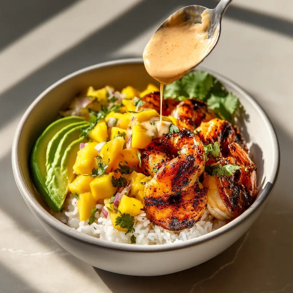 A close-up shot showcasing the key ingredients for the shrimp and avocado bowls, including spiced shrimp, diced avocado, and fresh cilantro.
