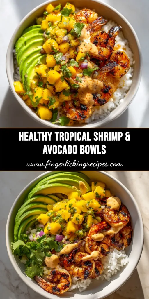 A vibrant and healthy shrimp and avocado bowl in a white bowl, with a fork. The pin includes text overlay reading 'Easy Shrimp and Avocado Bowls - 25 Minute Recipe'.