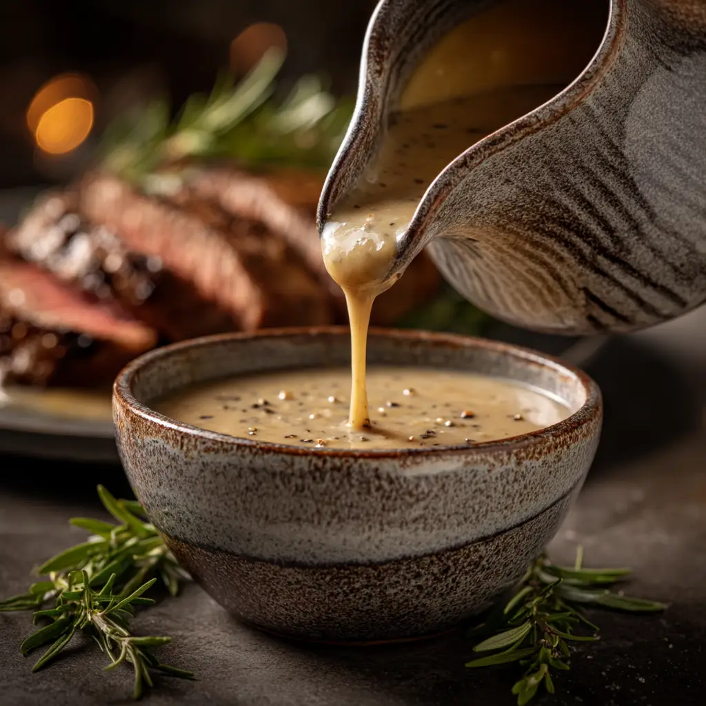 A step-by-step image showing the creamy peppercorn sauce simmering in a saucepan on the stove. This illustrates a key part of the steak sauce recipe process.