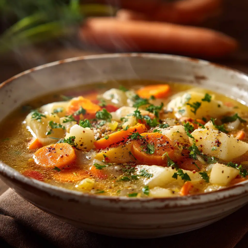 A side view of a bowl of simple potato and carrot soup, garnished with green herbs. This shows how easy it is to make a beautiful and delicious meal.