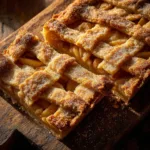A slice of apple slab pie on a white plate, drizzled with vanilla glaze. The pie has a flaky crust and a thick, spiced apple filling.