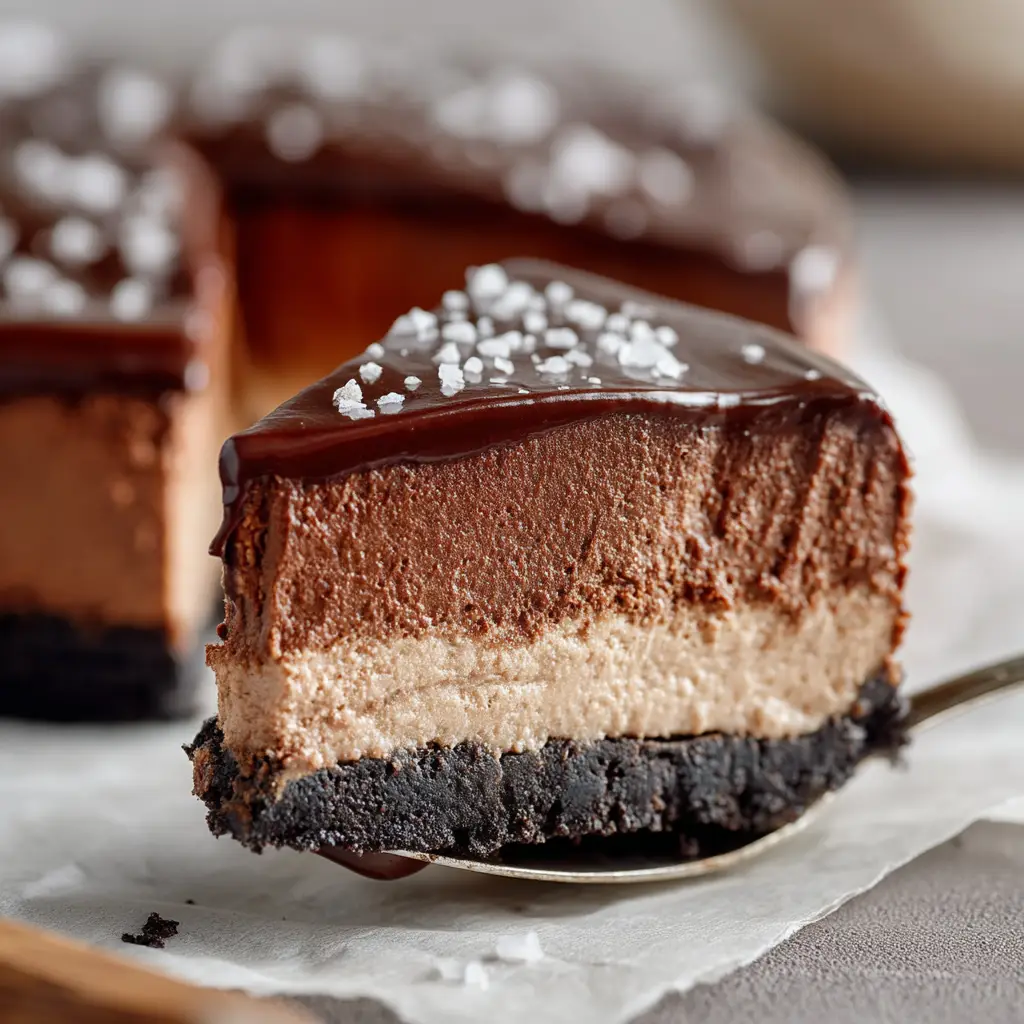 A close-up photograph of a perfect slice of chocolate mousse cheesecake on a white plate. The distinct layers of the chocolate graham cracker crust, dense cheesecake, and light mousse are clearly visible.