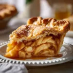 A close-up shot of a perfect slice of apple pie from scratch, showing the layers of tender apples and the incredibly flaky pie crust.