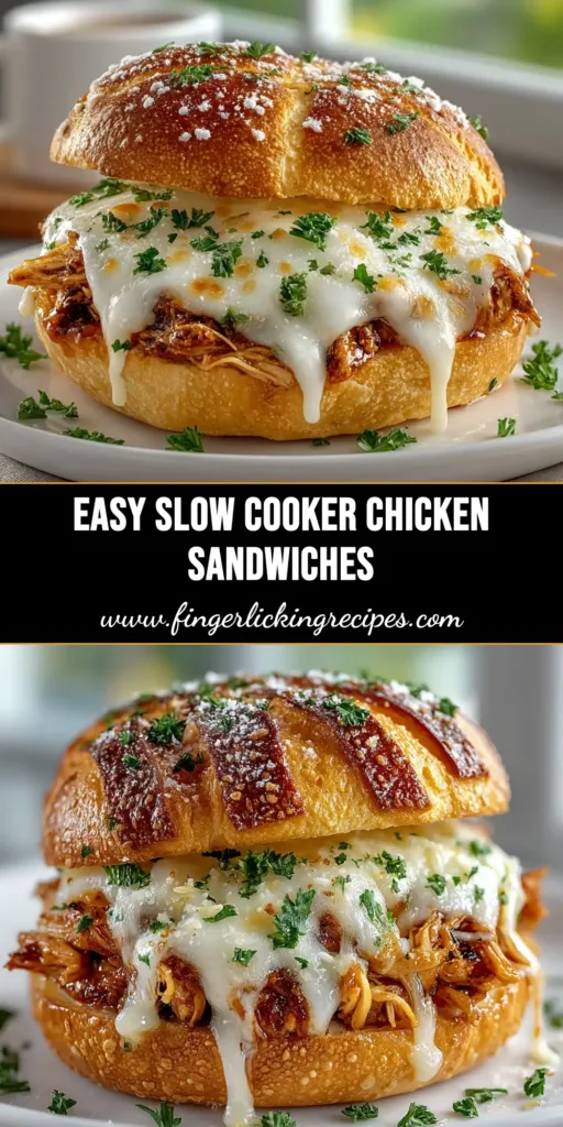 A delicious Slow Cooker Chicken Sandwich piled high with juicy shredded chicken on a toasted brioche bun, shown with a side of coleslaw. The perfect easy crockpot recipe.