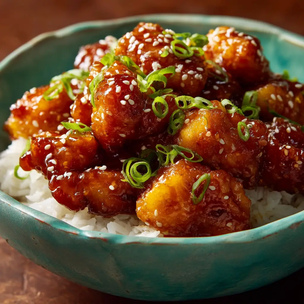 A serving of slow cooker Hawaiian chicken on a white plate, ready to be eaten. The dish is garnished with sesame seeds and fresh cilantro, showing a delicious serving suggestion.