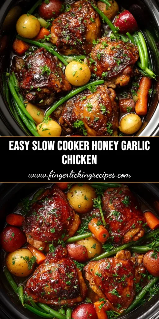 A mouth-watering bowl of Slow Cooker Honey Garlic Chicken served over rice, garnished with sesame seeds and green onions. The chicken is coated in a sticky, glossy sauce.