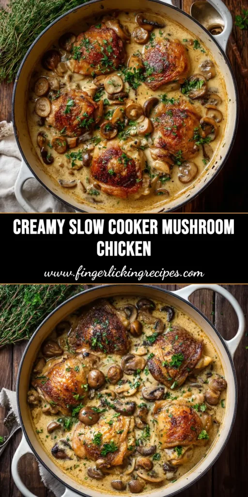 A delicious bowl of slow cooker mushroom chicken with a creamy sauce, garnished with fresh parsley.