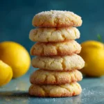 A tall, beautiful stack of soft lemon crinkle cookies, showing their chewy centers and cracked sugar tops.