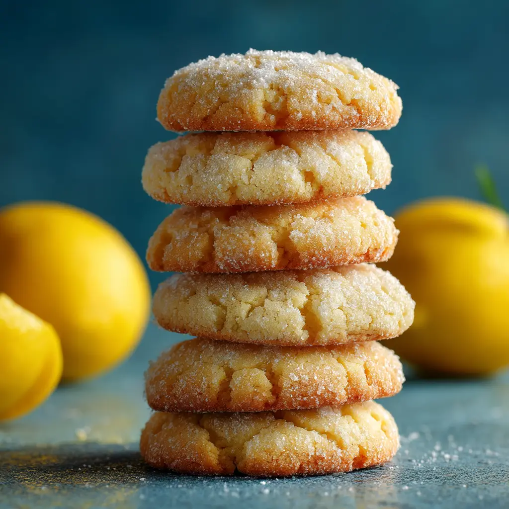 A tall, beautiful stack of soft lemon crinkle cookies, showing their chewy centers and cracked sugar tops.