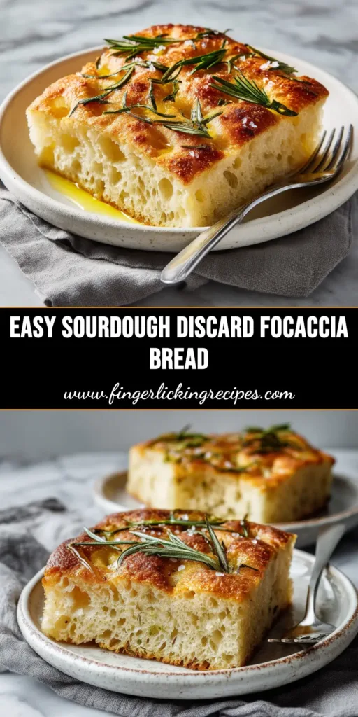 An overhead shot of a golden-baked Sourdough Discard Focaccia in a baking pan, dimpled and sprinkled with rosemary and flaky sea salt. This easy, no-knead recipe is the perfect way to use sourdough discard.