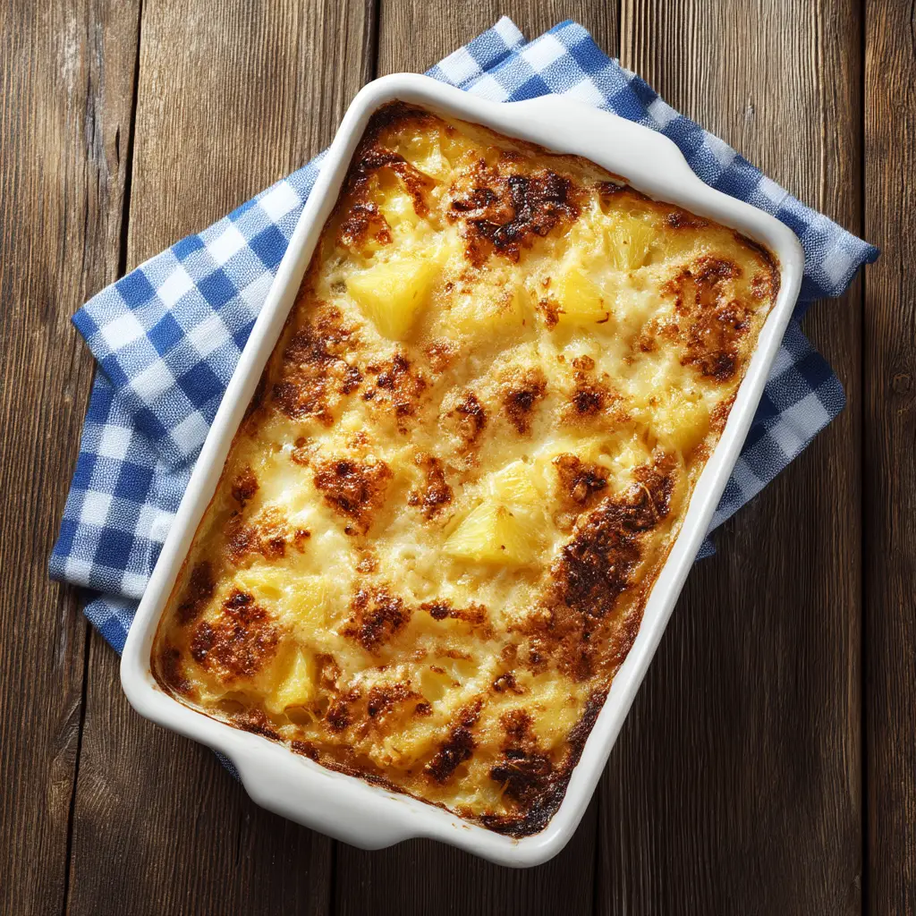 A scoop of southern pineapple casserole on a serving spoon, showing the gooey texture of the pineapple and cheese filling.