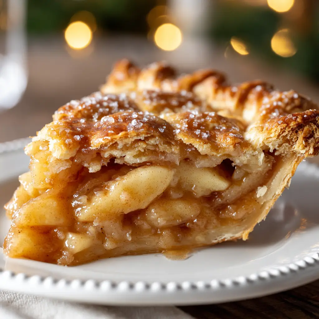 A detailed view of the apple pie filling, with perfectly cooked apples coated in a cinnamon and nutmeg spiced sauce inside a golden crust.