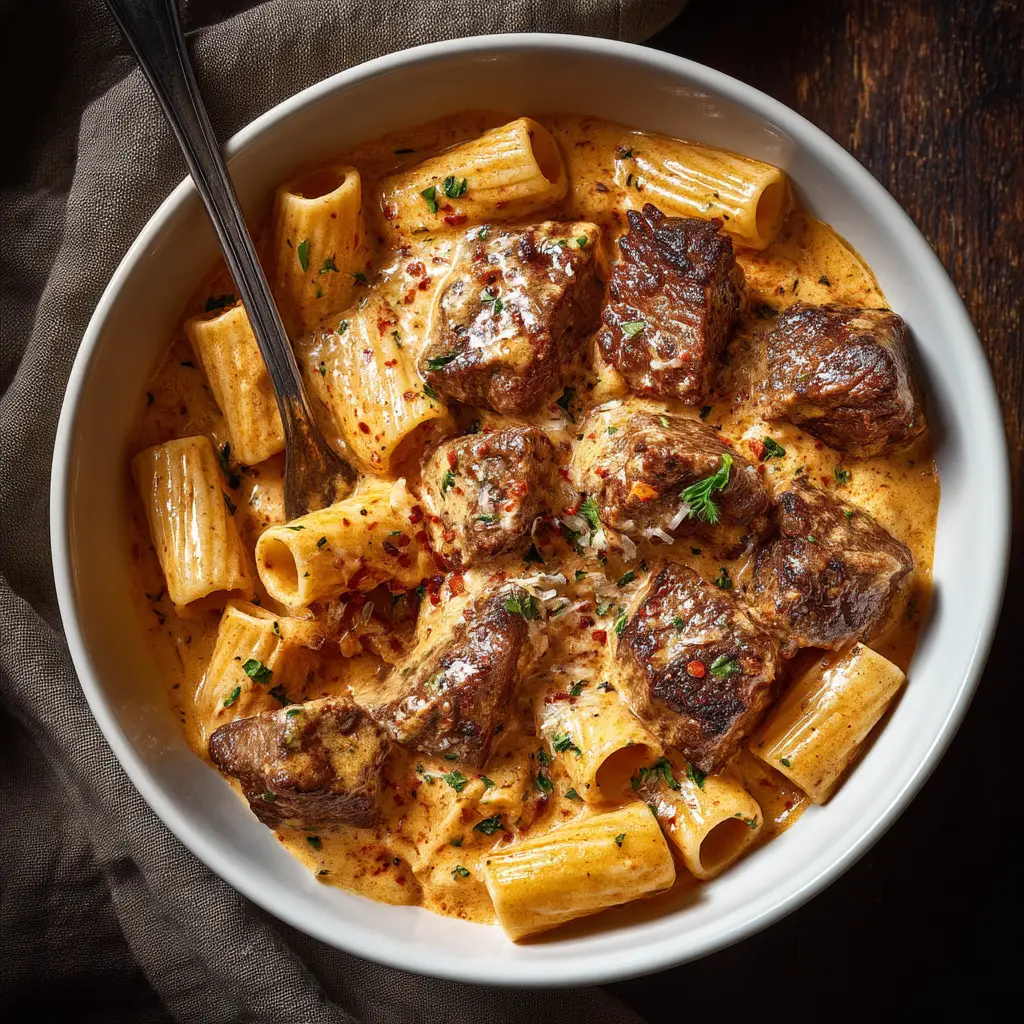 A beautiful serving of spicy steak pasta, garnished with herbs in a rustic setting, emphasizing its hearty and comforting qualities.