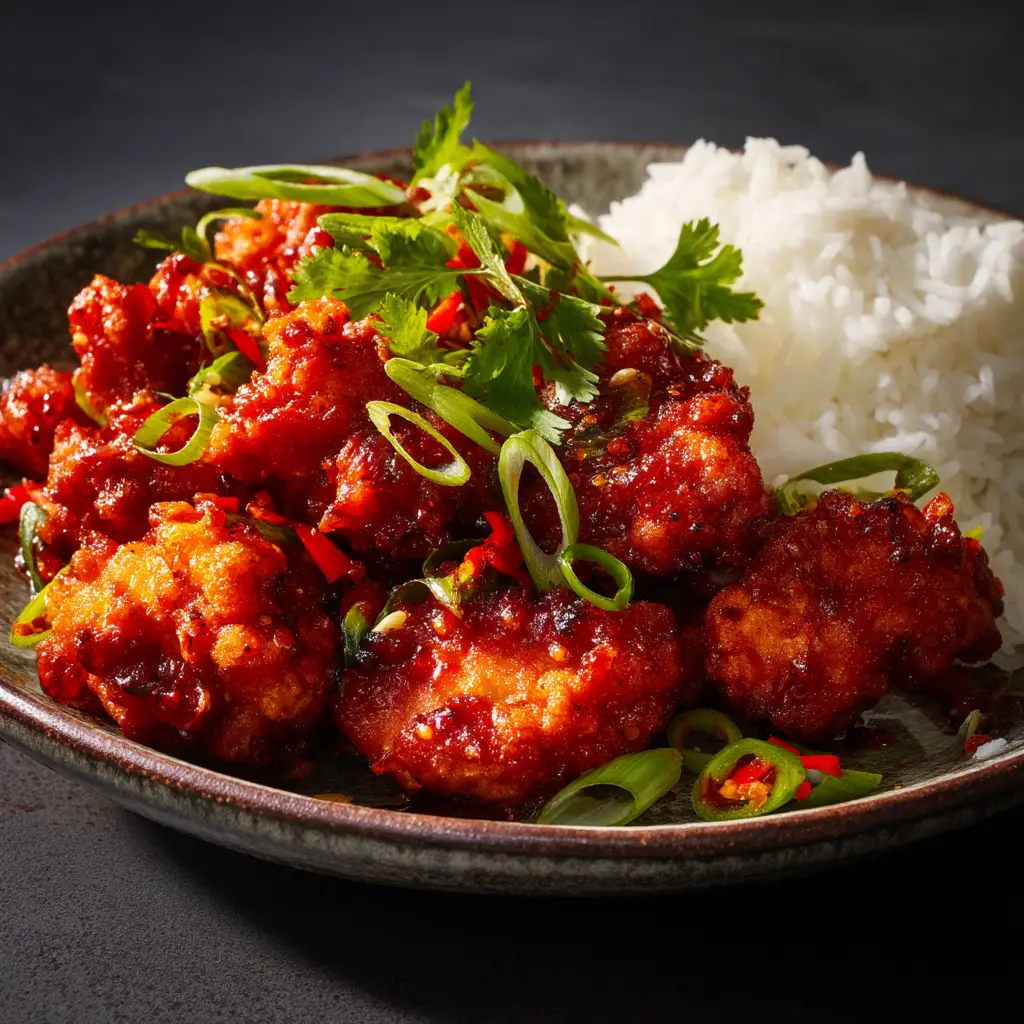 A close-up shot of crispy Dragon Chicken, showing the glossy texture of the spicy Indo-Chinese sauce and garnished with spring onions.