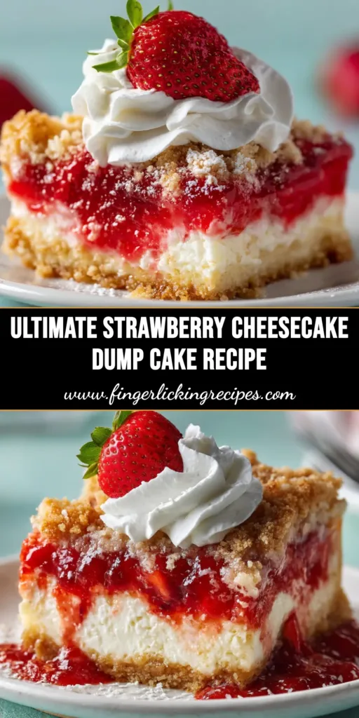 An overhead shot of a freshly baked Strawberry Cheesecake Dump Cake in a white baking dish, showing the golden cake topping and bubbly strawberry filling.