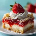 Strawberry Cheesecake Dump Cake (Quick & Easy!) A close-up slice of strawberry cheesecake dump cake on a white plate, revealing the creamy cheesecake and juicy strawberry layers.
