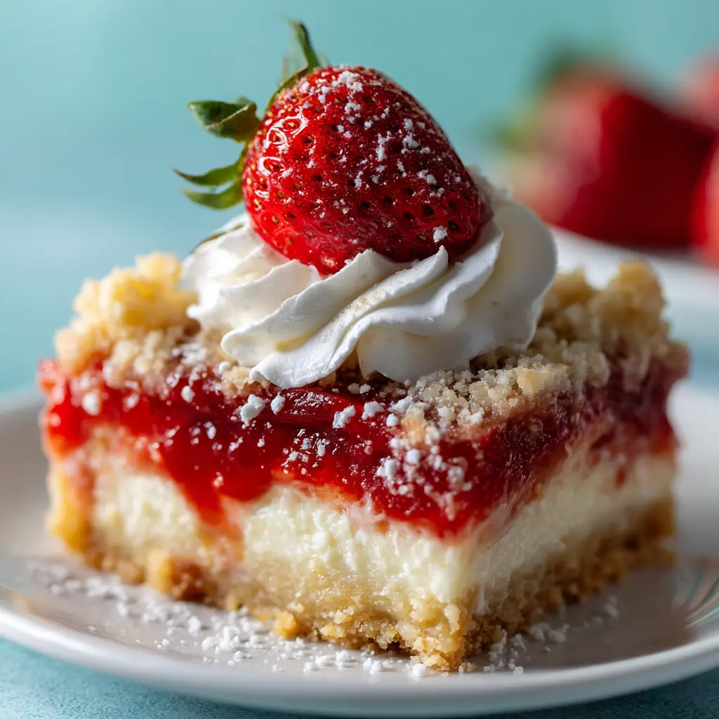 A close-up slice of strawberry cheesecake dump cake on a white plate, revealing the creamy cheesecake and juicy strawberry layers.