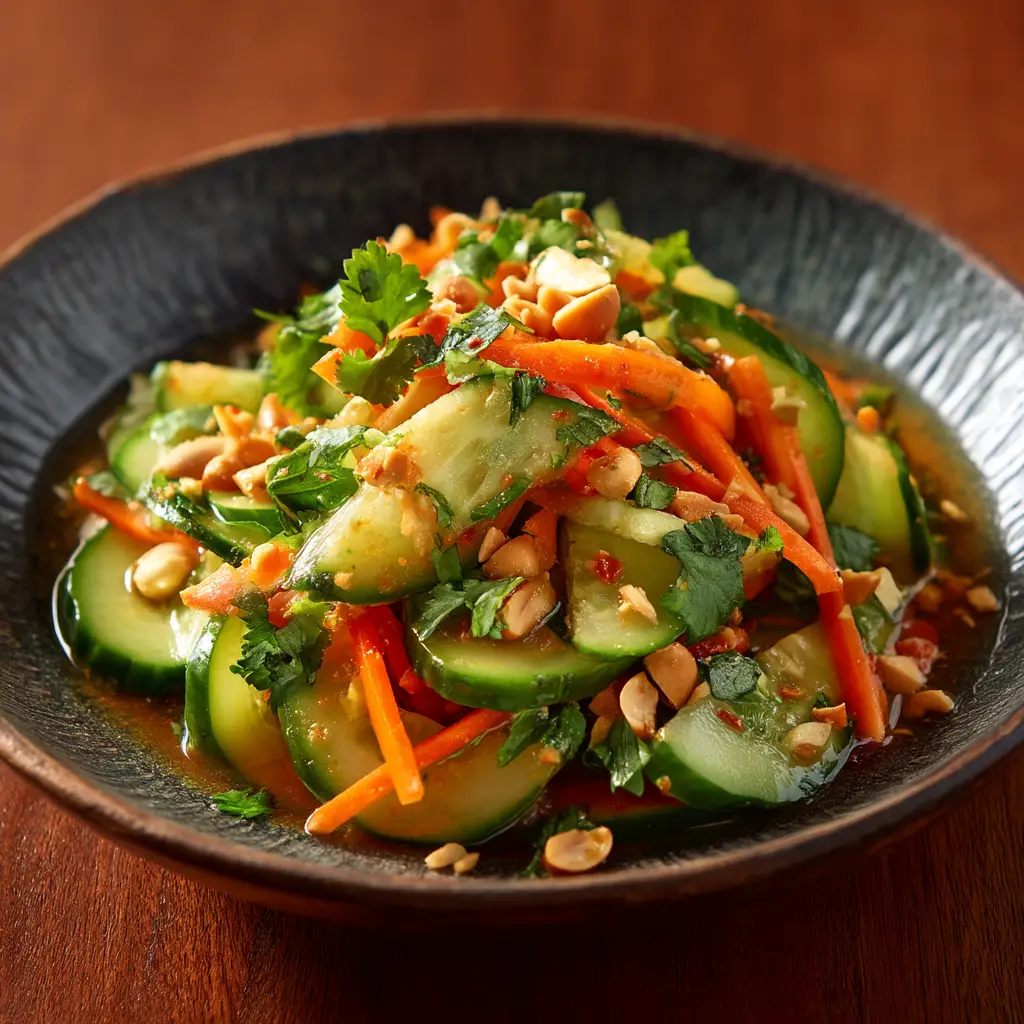 A beautiful serving of sweet and sour cucumber salad, garnished with fresh cilantro, ready to be eaten.