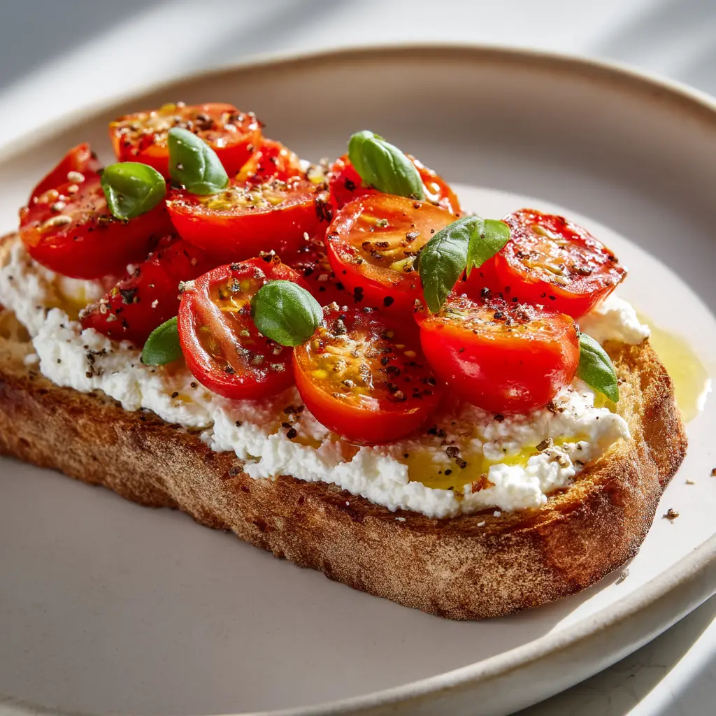 A beautiful close-up of a slice of sweet cottage cheese toast topped with fresh raspberries, blueberries, and a drizzle of golden honey.