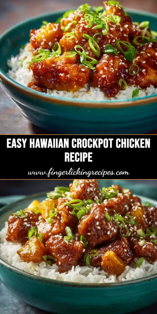 A delicious bowl of Sweet Hawaiian Crockpot Chicken served over white rice, garnished with green onions. The shredded chicken is coated in a glossy, sweet and savory pineapple sauce.