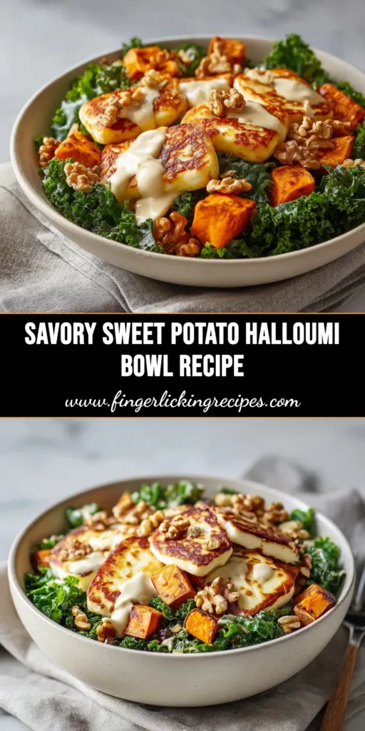 A vibrant Sweet Potato Halloumi Bowl with roasted sweet potatoes, seared halloumi, chickpeas, and fresh greens, drizzled with a creamy tahini dressing.